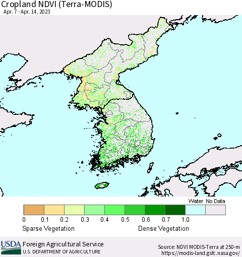 Korea Cropland NDVI (Terra-MODIS) Thematic Map For 4/11/2023 - 4/20/2023