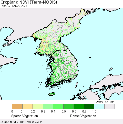 Korea Cropland NDVI (Terra-MODIS) Thematic Map For 4/15/2023 - 4/22/2023