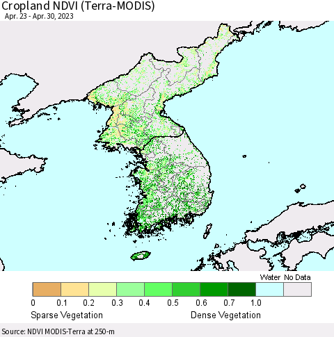 Korea Cropland NDVI (Terra-MODIS) Thematic Map For 4/21/2023 - 4/30/2023