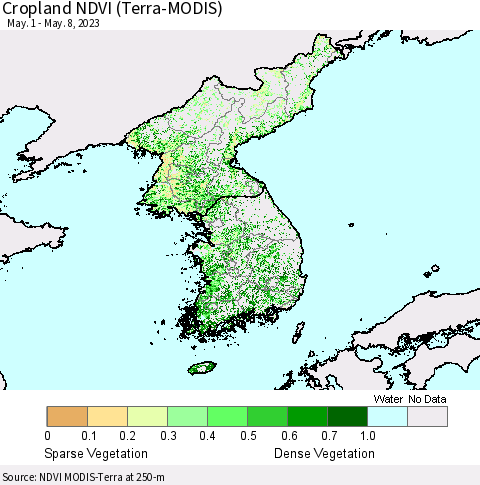 Korea Cropland NDVI (Terra-MODIS) Thematic Map For 5/1/2023 - 5/8/2023