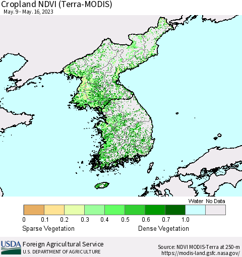 Korea Cropland NDVI (Terra-MODIS) Thematic Map For 5/11/2023 - 5/20/2023