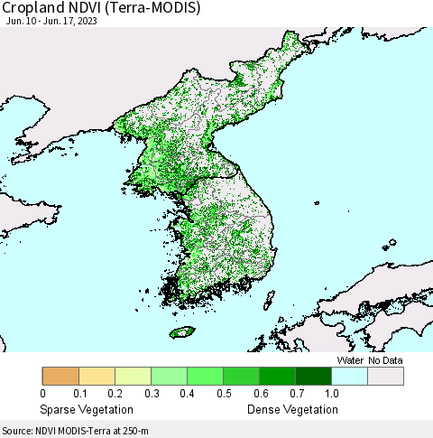 Korea Cropland NDVI (Terra-MODIS) Thematic Map For 6/10/2023 - 6/17/2023
