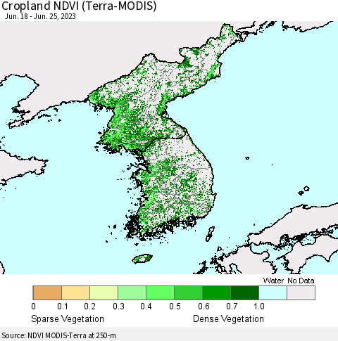 Korea Cropland NDVI (Terra-MODIS) Thematic Map For 6/18/2023 - 6/25/2023