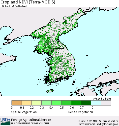 Korea Cropland NDVI (Terra-MODIS) Thematic Map For 6/21/2023 - 6/30/2023