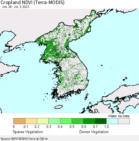 Korea Cropland NDVI (Terra-MODIS) Thematic Map For 6/26/2023 - 7/3/2023