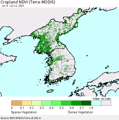 Korea Cropland NDVI (Terra-MODIS) Thematic Map For 7/4/2023 - 7/11/2023