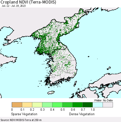Korea Cropland NDVI (Terra-MODIS) Thematic Map For 7/12/2023 - 7/19/2023