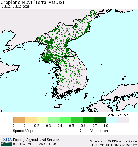 Korea Cropland NDVI (Terra-MODIS) Thematic Map For 7/11/2023 - 7/20/2023