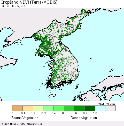 Korea Cropland NDVI (Terra-MODIS) Thematic Map For 7/20/2023 - 7/27/2023