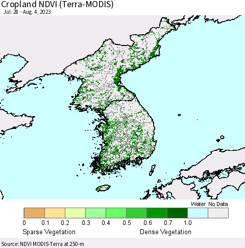 Korea Cropland NDVI (Terra-MODIS) Thematic Map For 7/28/2023 - 8/4/2023