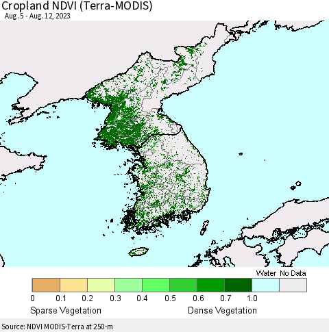 Korea Cropland NDVI (Terra-MODIS) Thematic Map For 8/5/2023 - 8/12/2023