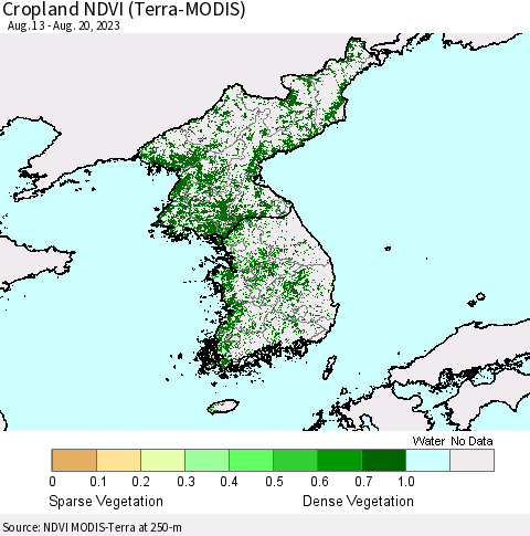 Korea Cropland NDVI (Terra-MODIS) Thematic Map For 8/11/2023 - 8/20/2023