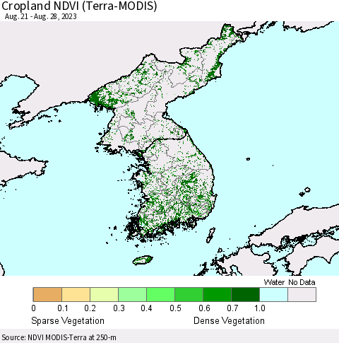 Korea Cropland NDVI (Terra-MODIS) Thematic Map For 8/21/2023 - 8/28/2023