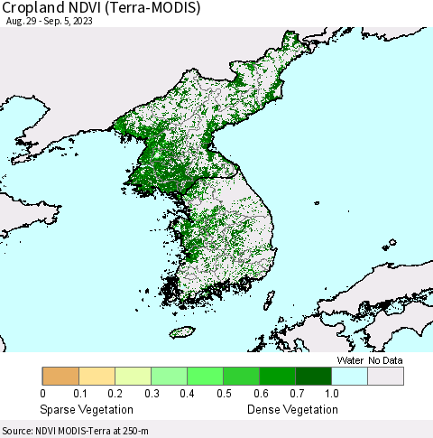 Korea Cropland NDVI (Terra-MODIS) Thematic Map For 8/29/2023 - 9/5/2023