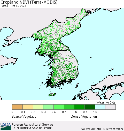 Korea Cropland NDVI (Terra-MODIS) Thematic Map For 10/11/2023 - 10/20/2023