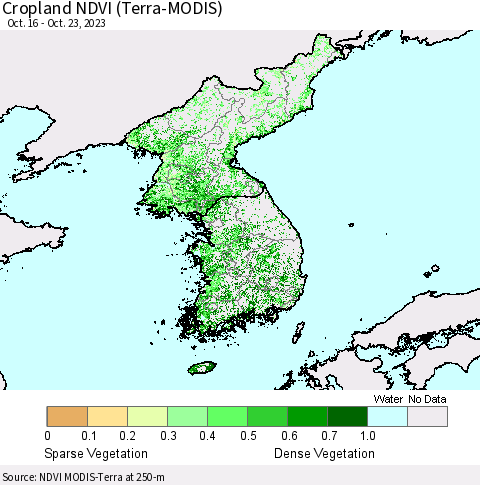 Korea Cropland NDVI (Terra-MODIS) Thematic Map For 10/16/2023 - 10/23/2023