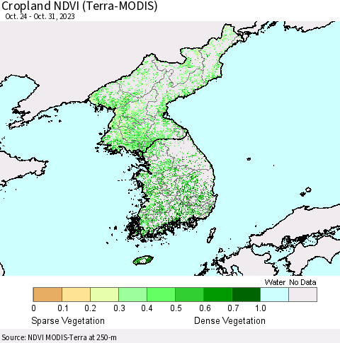 Korea Cropland NDVI (Terra-MODIS) Thematic Map For 10/21/2023 - 10/31/2023