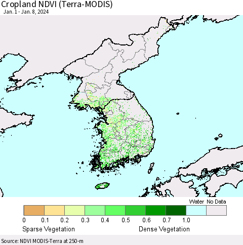 Korea Cropland NDVI (Terra-MODIS) Thematic Map For 1/1/2024 - 1/8/2024