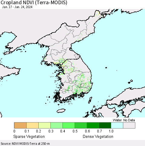 Korea Cropland NDVI (Terra-MODIS) Thematic Map For 1/17/2024 - 1/24/2024