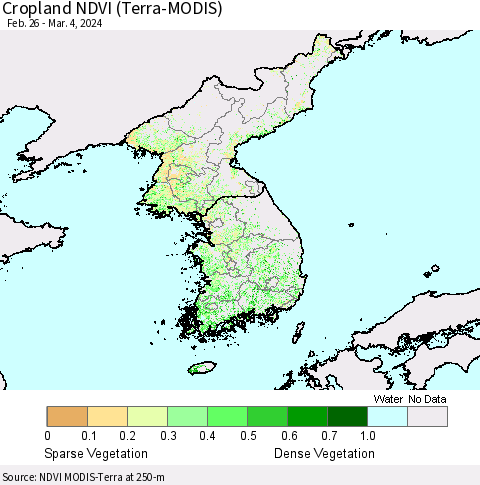 Korea Cropland NDVI (Terra-MODIS) Thematic Map For 2/26/2024 - 3/4/2024