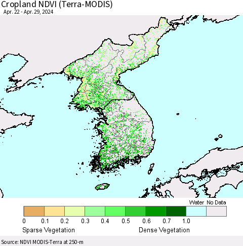 Korea Cropland NDVI (Terra-MODIS) Thematic Map For 4/22/2024 - 4/29/2024