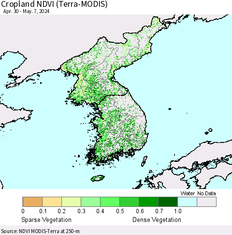 Korea Cropland NDVI (Terra-MODIS) Thematic Map For 4/30/2024 - 5/7/2024