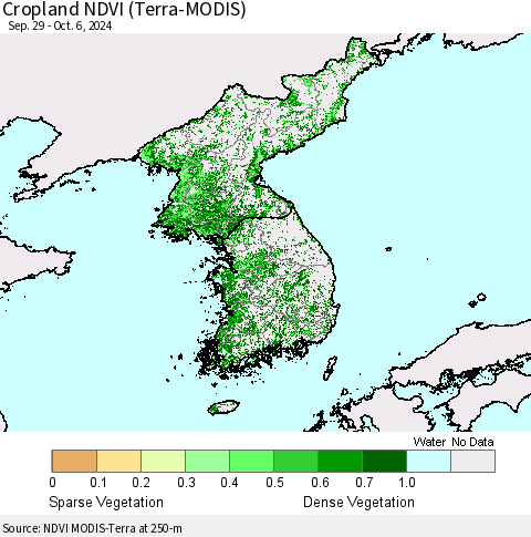 Korea Cropland NDVI (Terra-MODIS) Thematic Map For 9/29/2024 - 10/6/2024