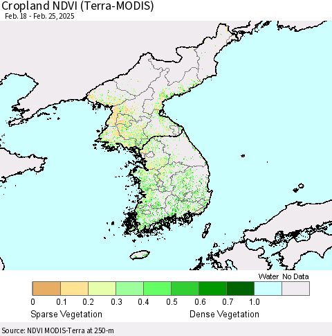 Korea Cropland NDVI (Terra-MODIS) Thematic Map For 2/18/2025 - 2/25/2025