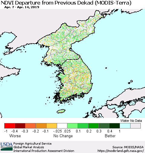 Korea NDVI Departure from Previous Dekad (Terra-MODIS) Thematic Map For 4/11/2019 - 4/20/2019