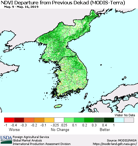 Korea NDVI Departure from Previous Dekad (Terra-MODIS) Thematic Map For 5/11/2019 - 5/20/2019