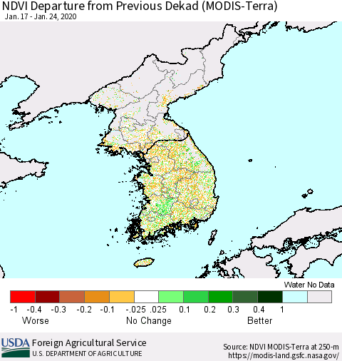 Korea NDVI Departure from Previous Dekad (Terra-MODIS) Thematic Map For 1/21/2020 - 1/31/2020
