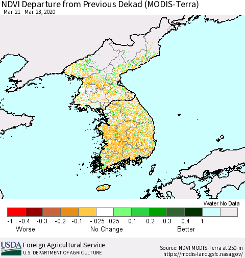 Korea NDVI Departure from Previous Dekad (Terra-MODIS) Thematic Map For 3/21/2020 - 3/31/2020