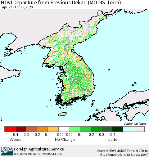 Korea NDVI Departure from Previous Dekad (Terra-MODIS) Thematic Map For 4/21/2020 - 4/30/2020