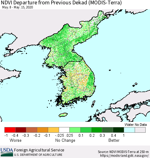 Korea NDVI Departure from Previous Dekad (Terra-MODIS) Thematic Map For 5/11/2020 - 5/20/2020