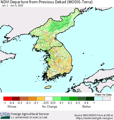 Korea NDVI Departure from Previous Dekad (Terra-MODIS) Thematic Map For 6/1/2020 - 6/10/2020