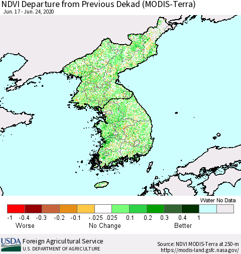 Korea NDVI Departure from Previous Dekad (Terra-MODIS) Thematic Map For 6/21/2020 - 6/30/2020