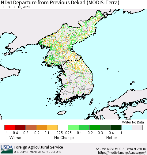 Korea NDVI Departure from Previous Dekad (Terra-MODIS) Thematic Map For 7/1/2020 - 7/10/2020