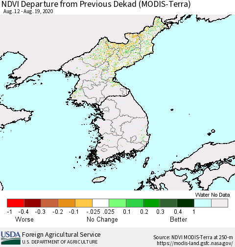 Korea NDVI Departure from Previous Dekad (Terra-MODIS) Thematic Map For 8/11/2020 - 8/20/2020