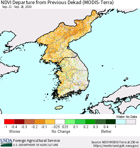 Korea NDVI Departure from Previous Dekad (Terra-MODIS) Thematic Map For 9/21/2020 - 9/30/2020