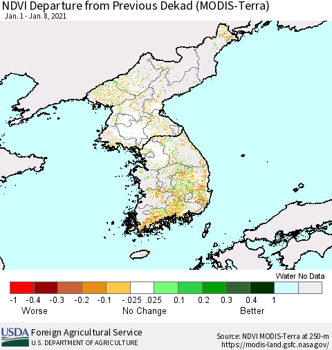 Korea NDVI Departure from Previous Dekad (Terra-MODIS) Thematic Map For 1/1/2021 - 1/10/2021