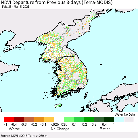 Korea NDVI Departure from Previous 8-days (Terra-MODIS) Thematic Map For 2/26/2021 - 3/5/2021