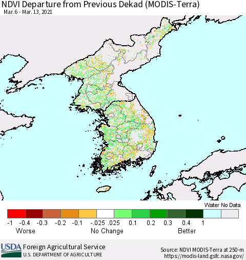 Korea NDVI Departure from Previous Dekad (Terra-MODIS) Thematic Map For 3/11/2021 - 3/20/2021