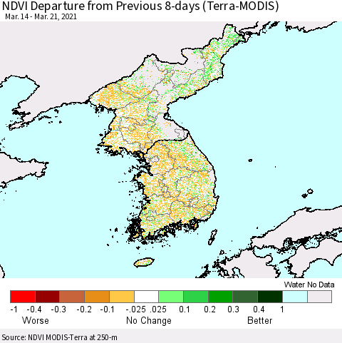 Korea NDVI Departure from Previous 8-days (Terra-MODIS) Thematic Map For 3/14/2021 - 3/21/2021