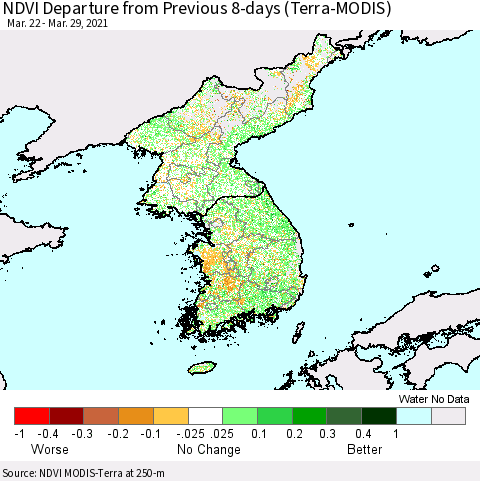 Korea NDVI Departure from Previous 8-days (Terra-MODIS) Thematic Map For 3/22/2021 - 3/29/2021