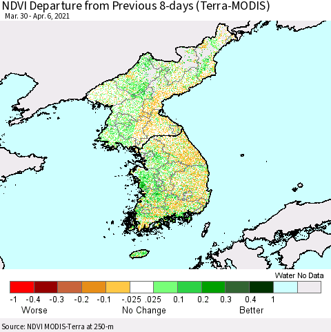 Korea NDVI Departure from Previous 8-days (Terra-MODIS) Thematic Map For 3/30/2021 - 4/6/2021