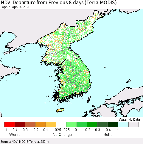 Korea NDVI Departure from Previous 8-days (Terra-MODIS) Thematic Map For 4/7/2021 - 4/14/2021