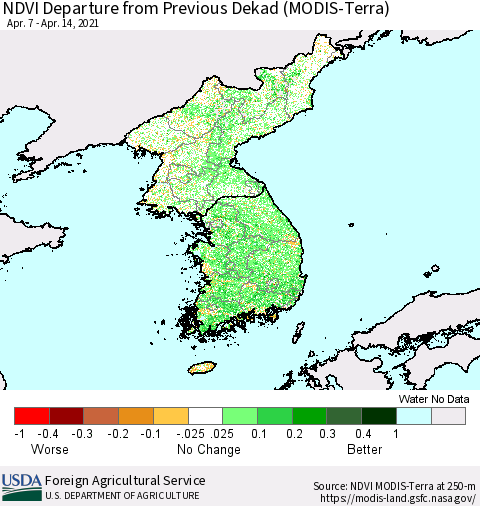 Korea NDVI Departure from Previous Dekad (Terra-MODIS) Thematic Map For 4/11/2021 - 4/20/2021