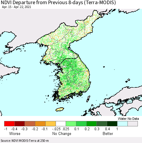 Korea NDVI Departure from Previous 8-days (Terra-MODIS) Thematic Map For 4/15/2021 - 4/22/2021