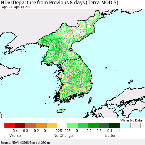 Korea NDVI Departure from Previous Dekad (Terra-MODIS) Thematic Map For 4/21/2021 - 4/30/2021