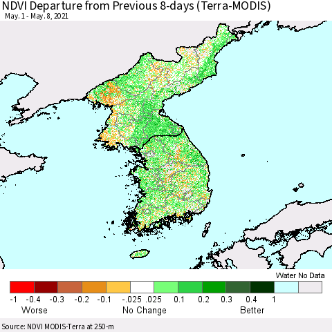 Korea NDVI Departure from Previous 8-days (Terra-MODIS) Thematic Map For 5/1/2021 - 5/8/2021